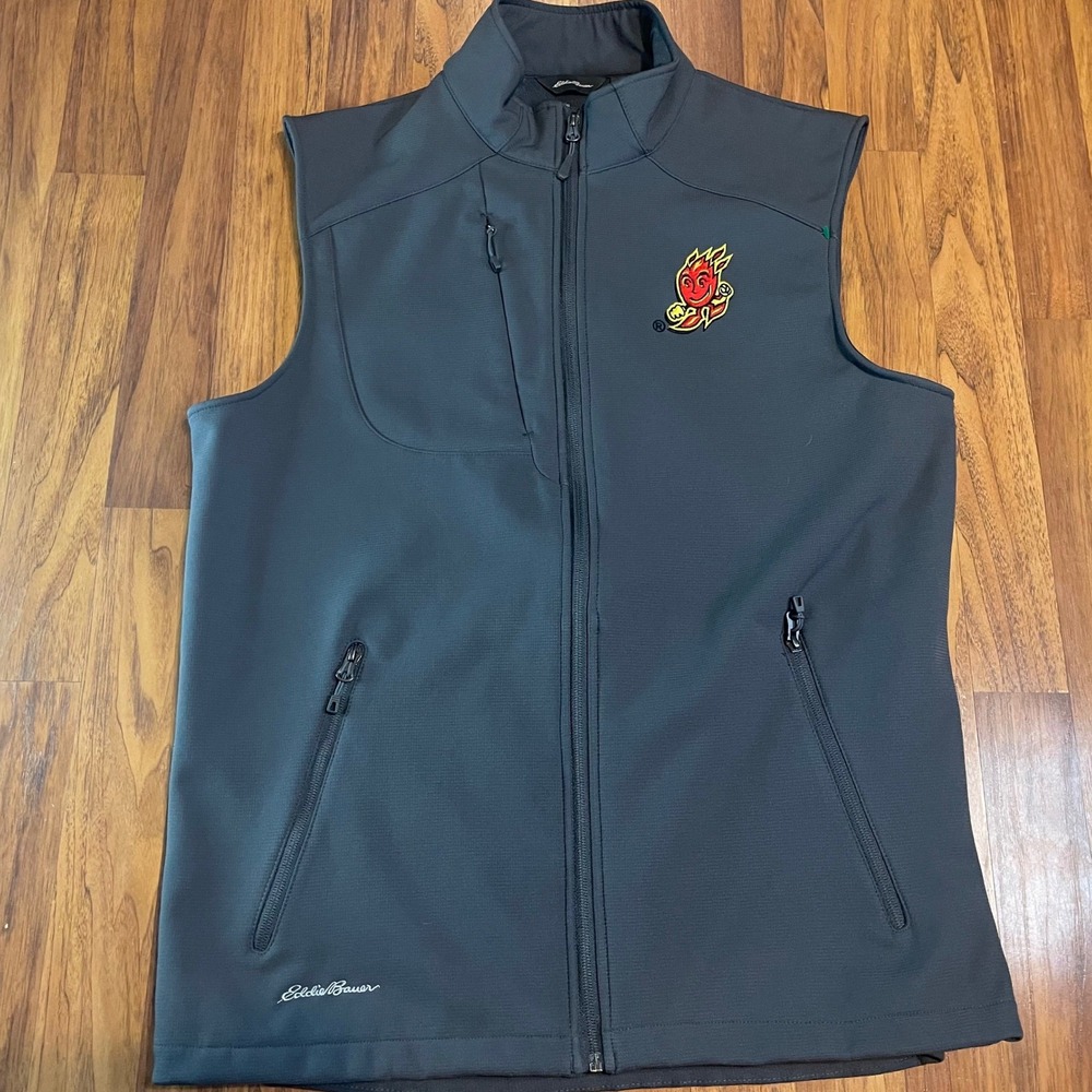 Eddie Bauer Vest Mens Large Gray Flamin Hot Mascot Softshell Full Zip EB546 L